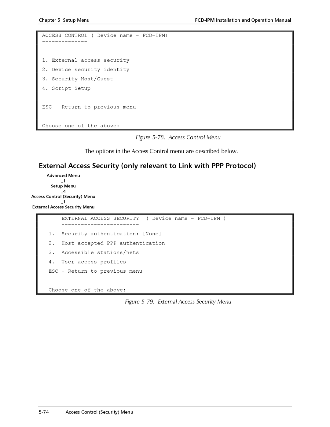 RAD Data comm E1/T1, Modular Access Device with Integrated Router Access Control Menu, External Access Security Menu 