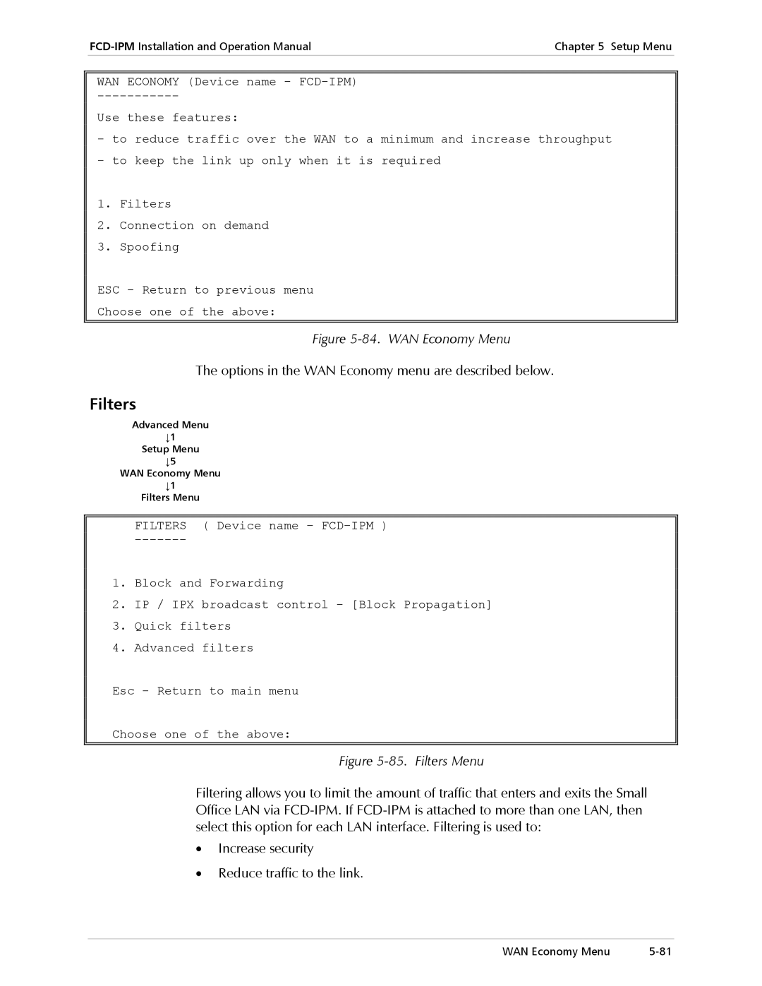 RAD Data comm Modular Access Device with Integrated Router Filters, Options in the WAN Economy menu are described below 