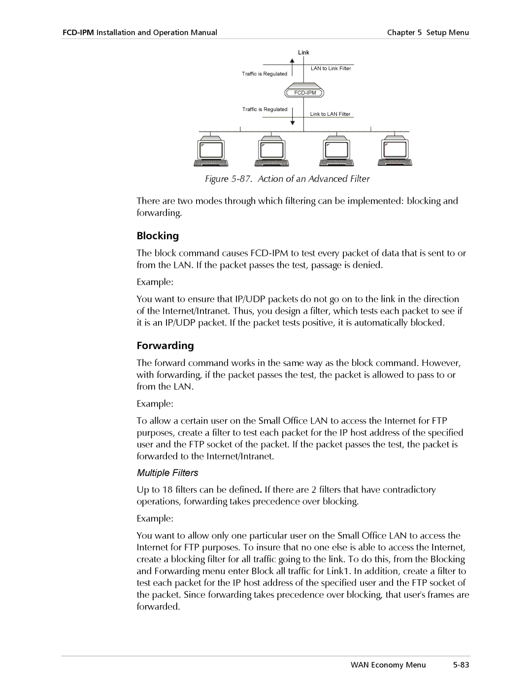 RAD Data comm Modular Access Device with Integrated Router, E1/T1 operation manual Blocking, Forwarding, Multiple Filters 