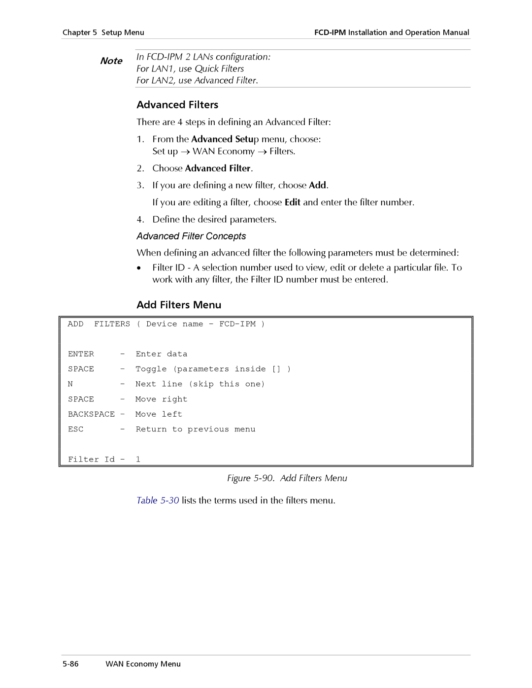 RAD Data comm E1/T1 operation manual Advanced Filters, Add Filters Menu, Choose Advanced Filter 