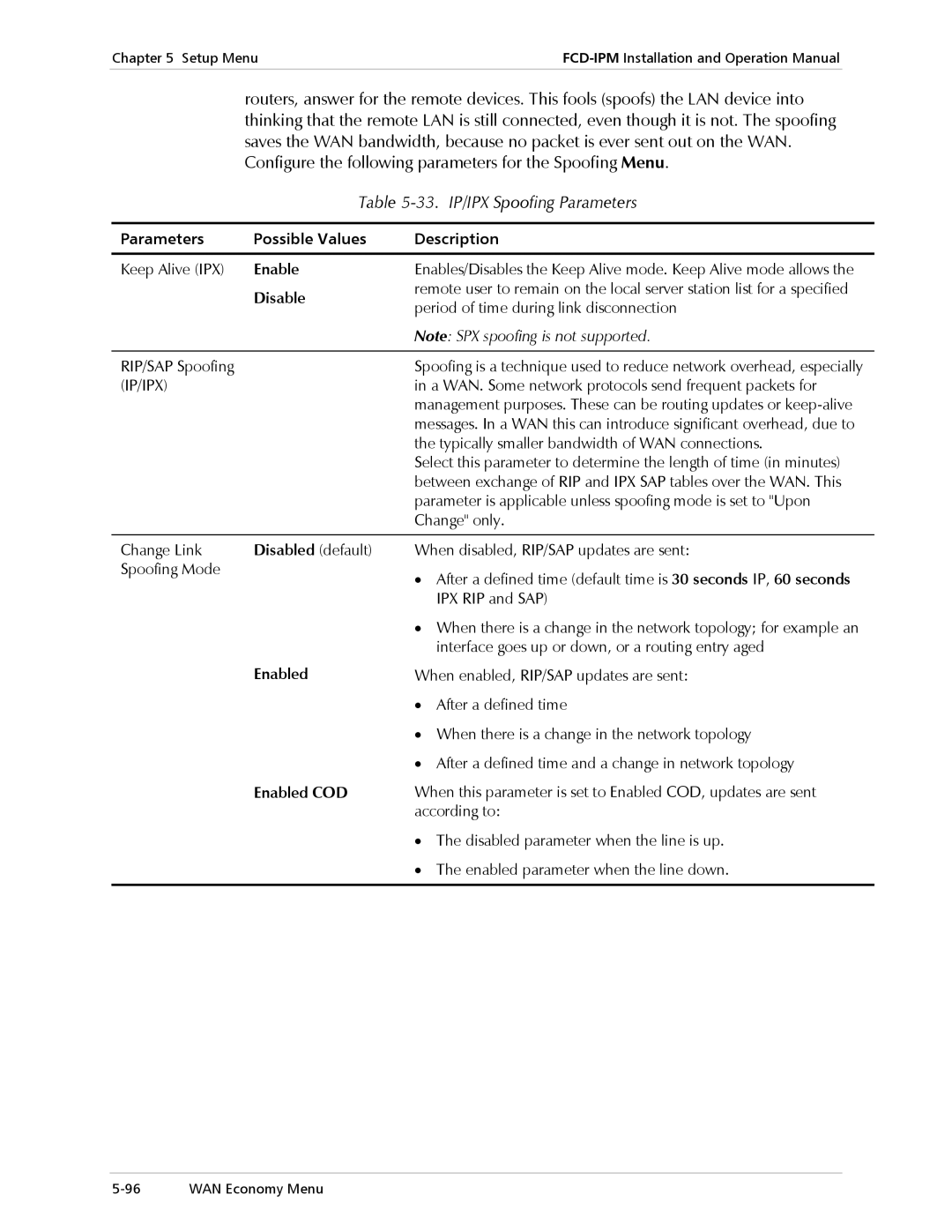 RAD Data comm E1/T1, Modular Access Device with Integrated Router 33. IP/IPX Spoofing Parameters, Enabled Enabled COD 