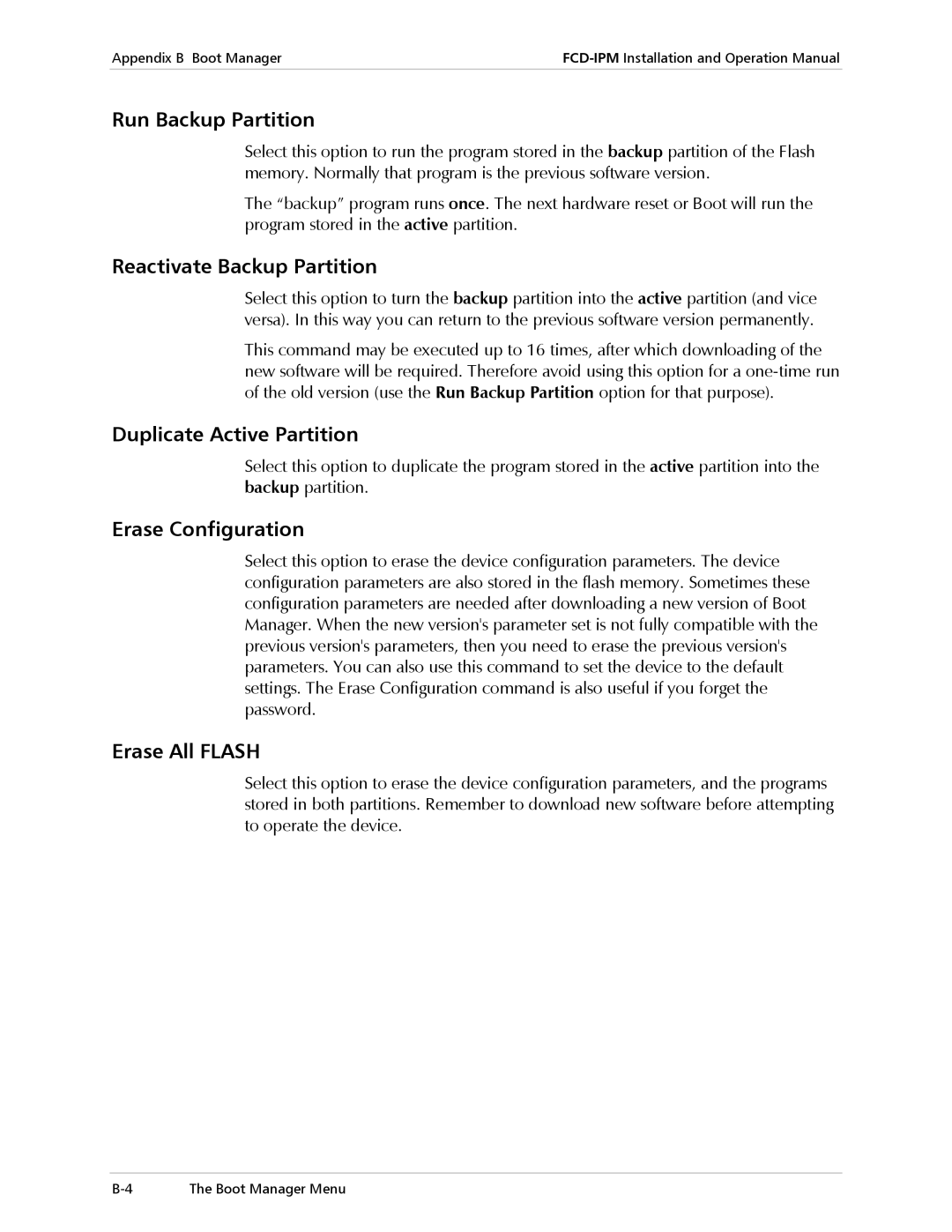 RAD Data comm E1/T1 Run Backup Partition, Reactivate Backup Partition, Duplicate Active Partition, Erase Configuration 