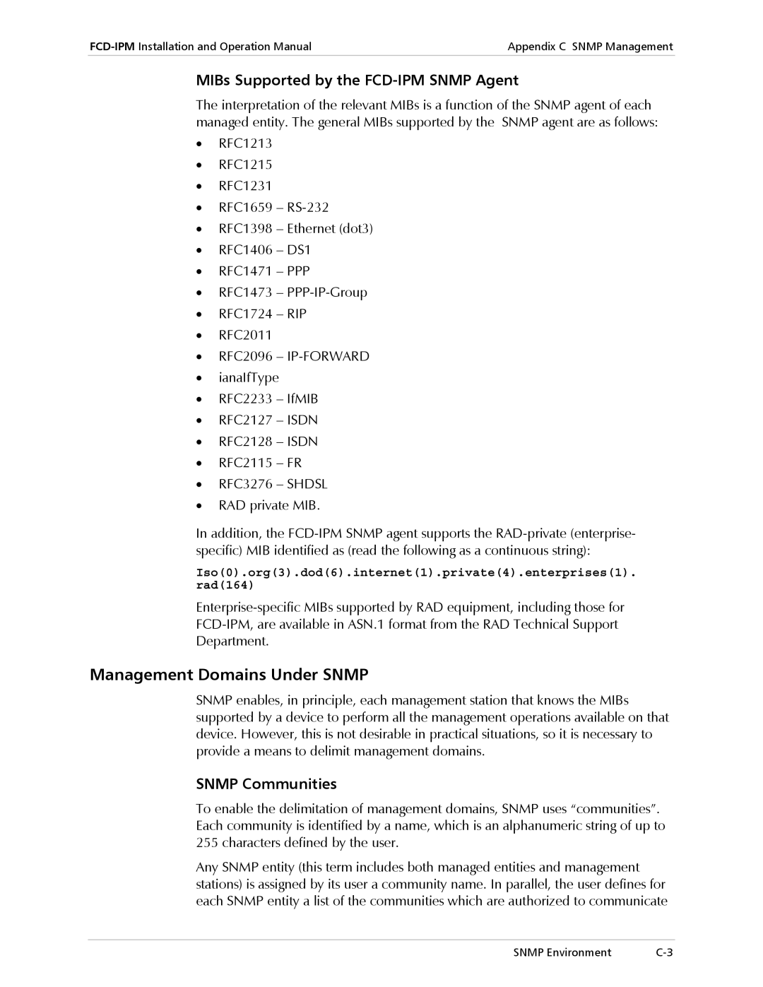 RAD Data comm Modular Access Device with Integrated Router, E1/T1 Management Domains Under Snmp, Snmp Communities 