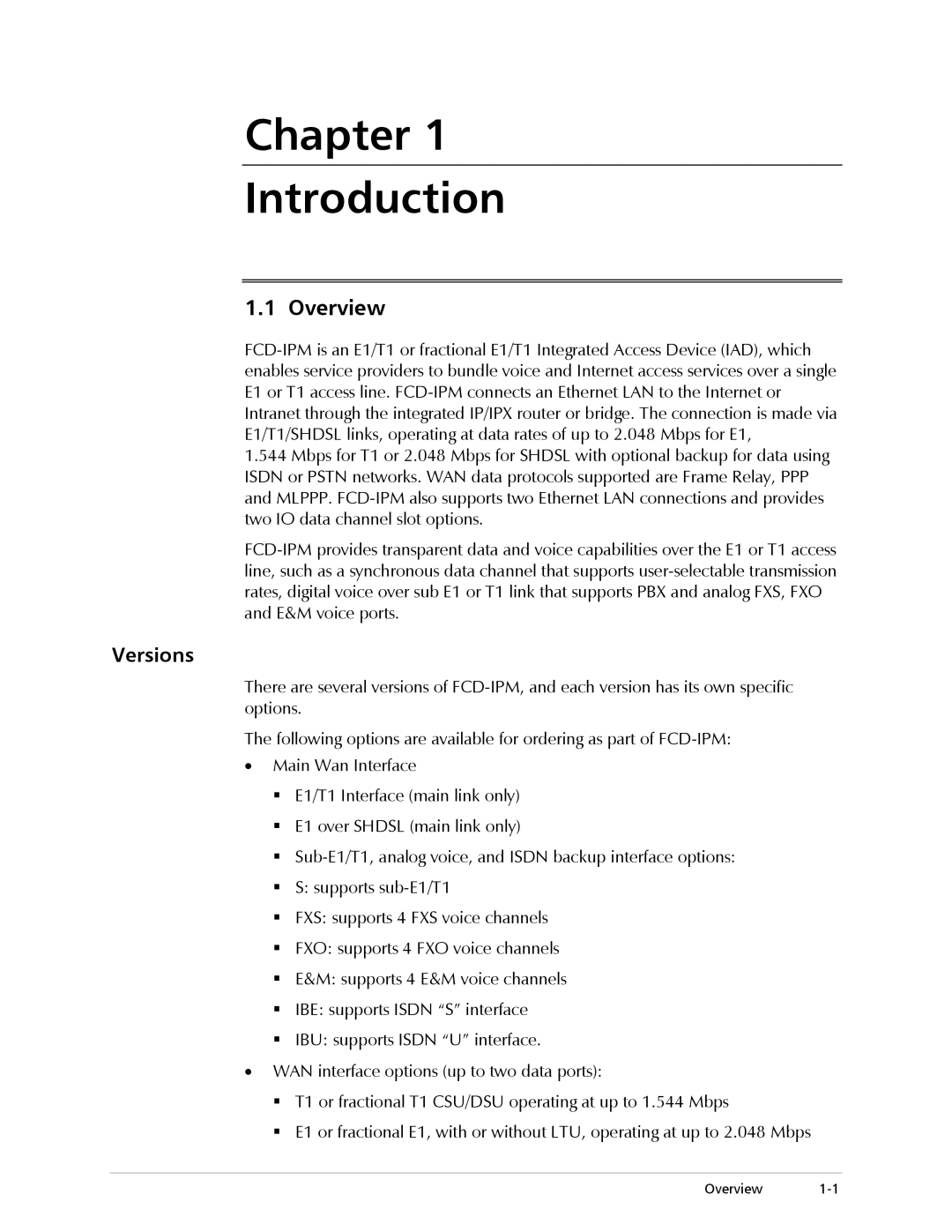 RAD Data comm Modular Access Device with Integrated Router, E1/T1 operation manual Overview, Versions 