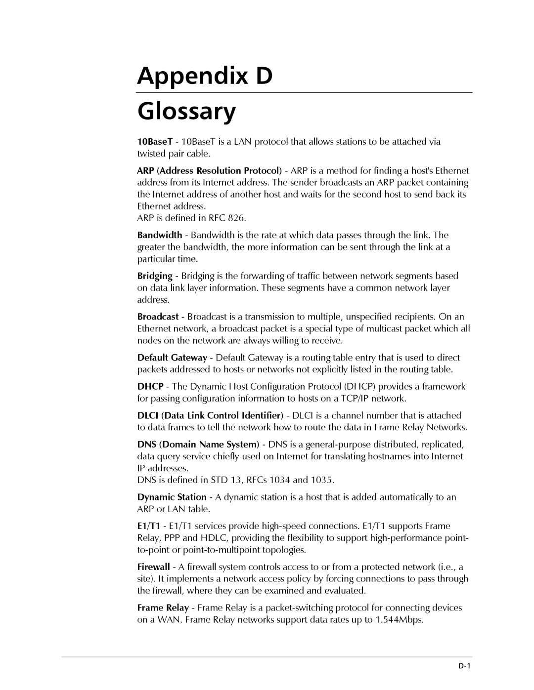 RAD Data comm Modular Access Device with Integrated Router, E1/T1 operation manual Appendix D Glossary 