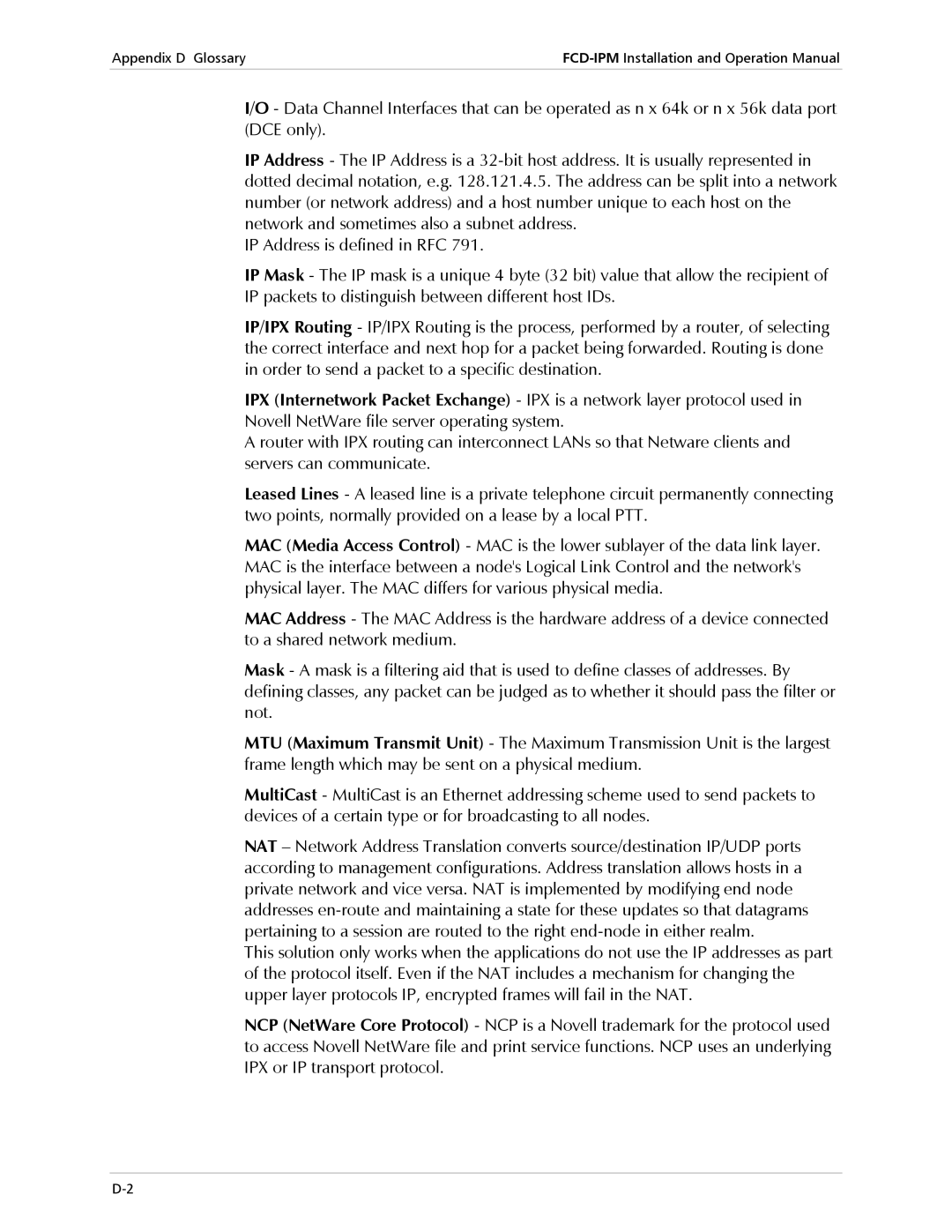 RAD Data comm E1/T1, Modular Access Device with Integrated Router operation manual Appendix D Glossary 