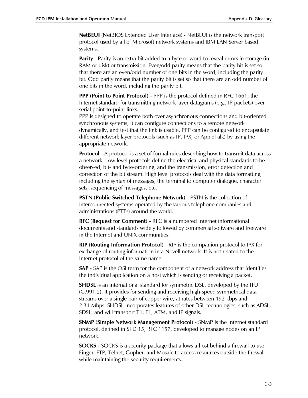 RAD Data comm Modular Access Device with Integrated Router, E1/T1 operation manual Appendix D Glossary 