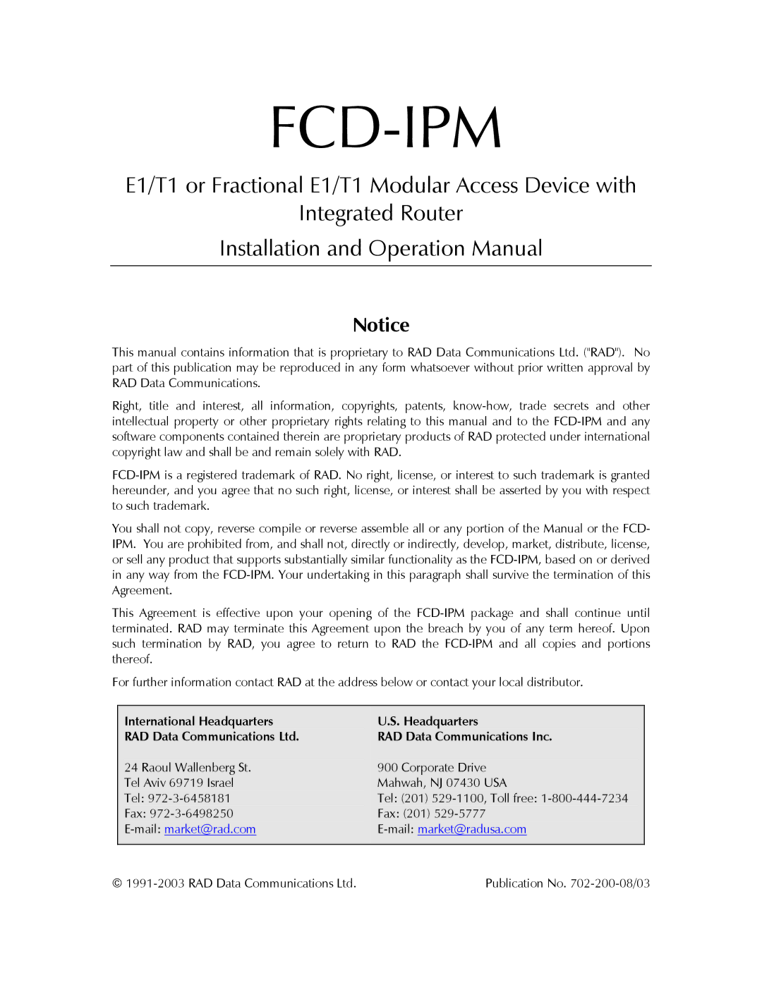 RAD Data comm Modular Access Device with Integrated Router Fcd-Ipm, International Headquarters RAD Data Communications Inc 