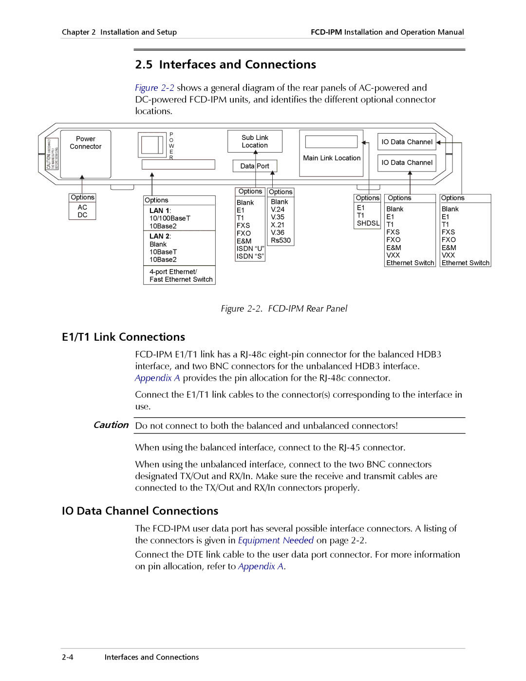 RAD Data comm operation manual Interfaces and Connections, E1/T1 Link Connections, IO Data Channel Connections 