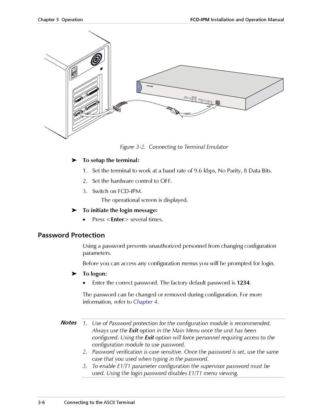 RAD Data comm E1/T1 Password Protection, To setup the terminal, To initiate the login message, Press Enter several times 