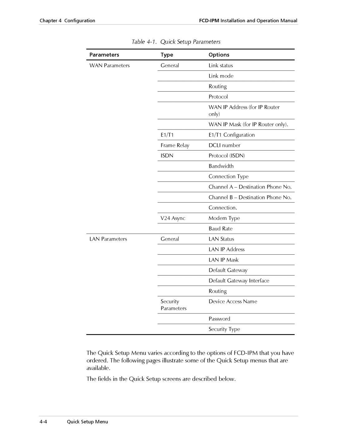 RAD Data comm E1/T1, Modular Access Device with Integrated Router Quick Setup Parameters, Parameters Type Options 