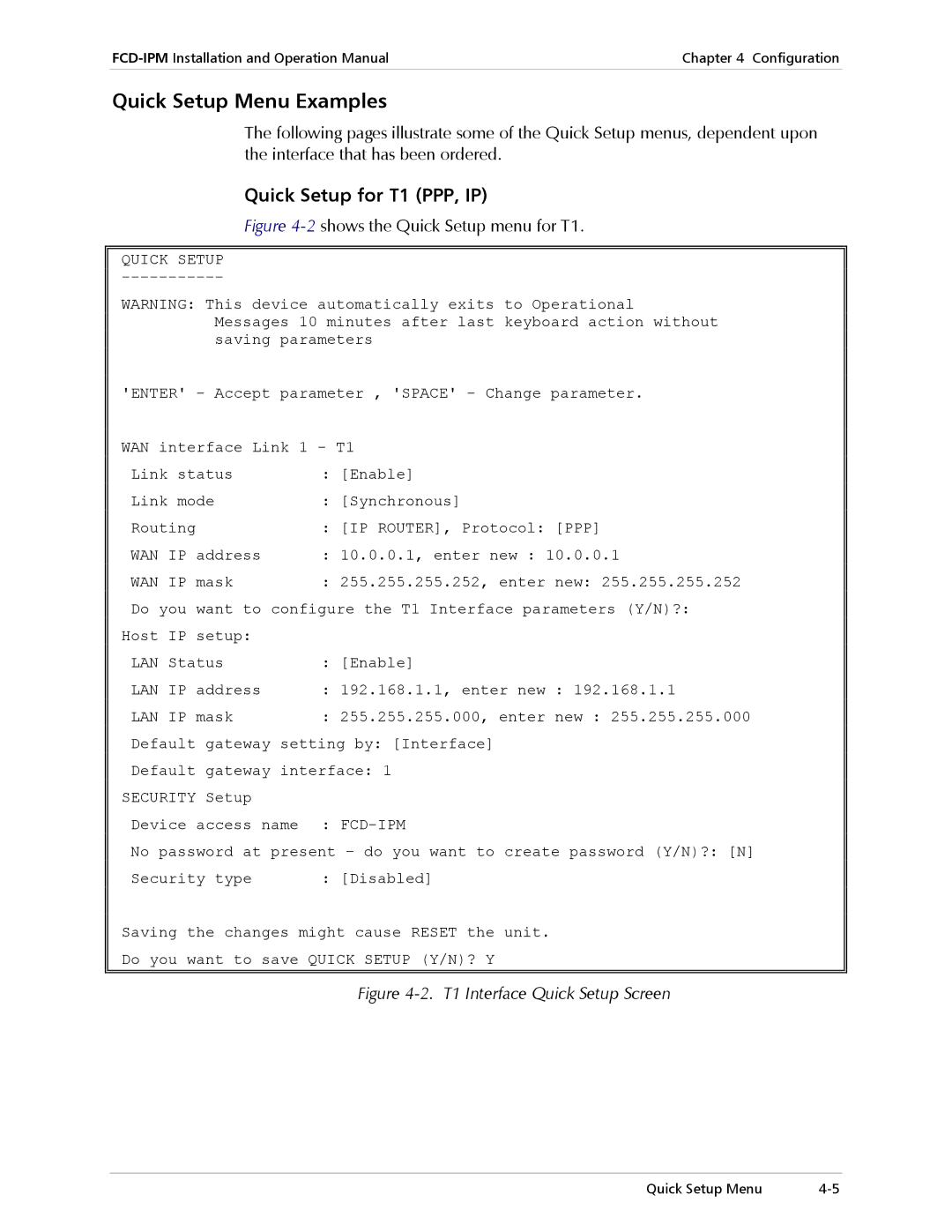 RAD Data comm Modular Access Device with Integrated Router, E1/T1 Quick Setup Menu Examples, Quick Setup for T1 PPP, IP 