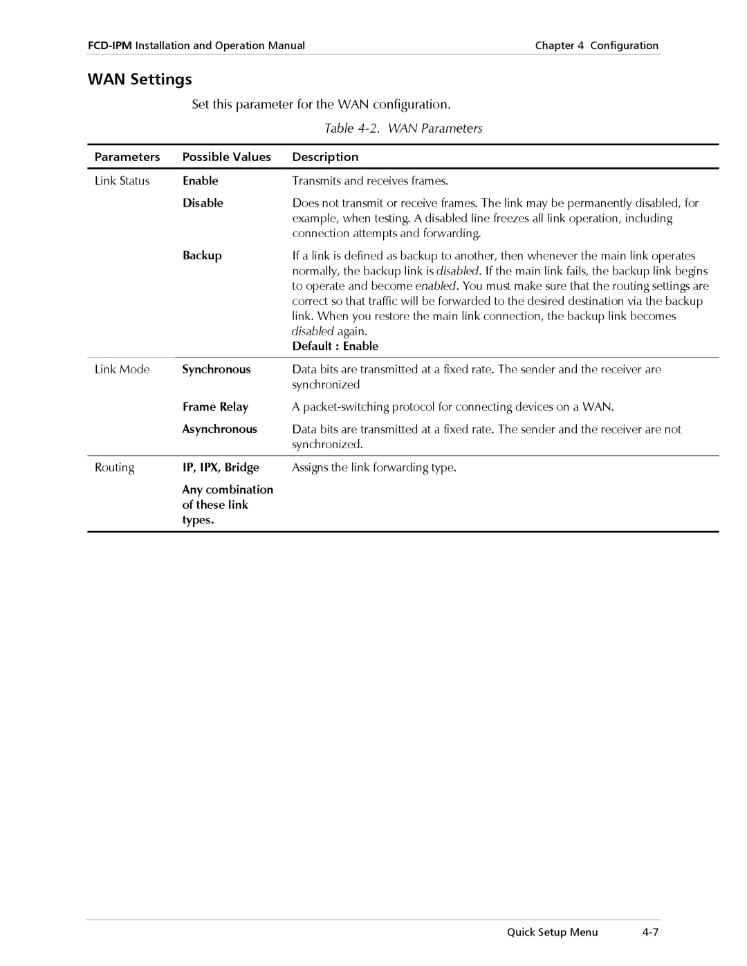 RAD Data comm Modular Access Device with Integrated Router WAN Settings, Set this parameter for the WAN configuration 