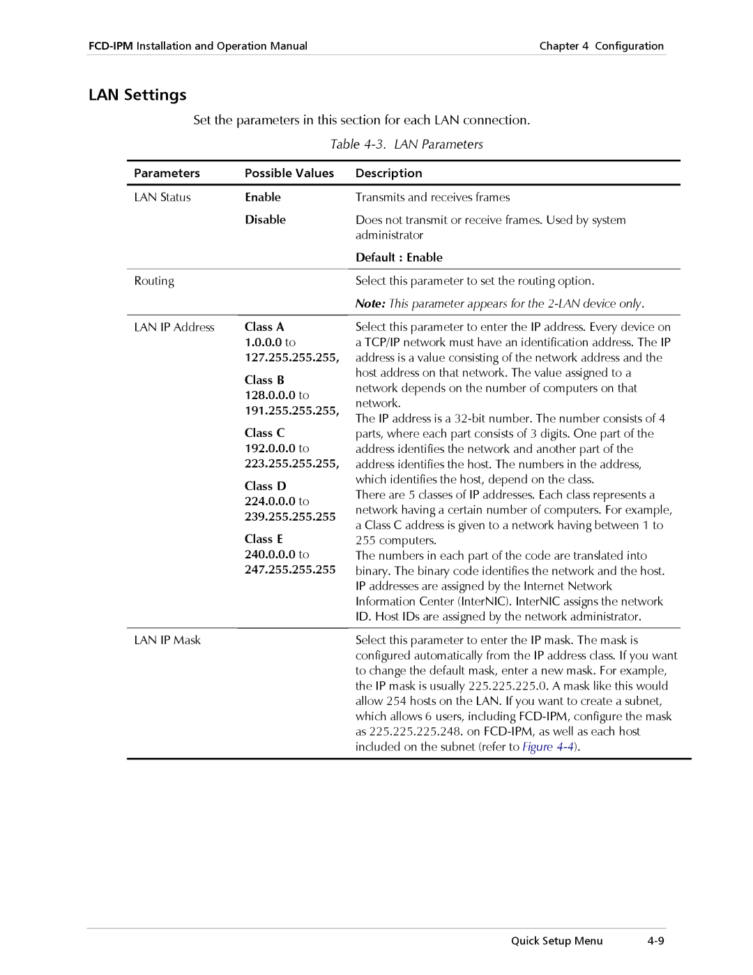 RAD Data comm Modular Access Device with Integrated Router, E1/T1 operation manual LAN Settings, LAN Parameters 