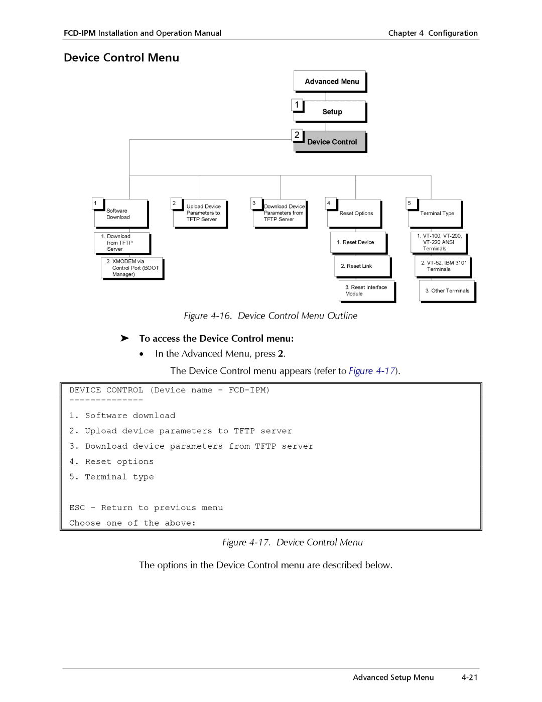 RAD Data comm Modular Access Device with Integrated Router, E1/T1 Device Control Menu, To access the Device Control menu 