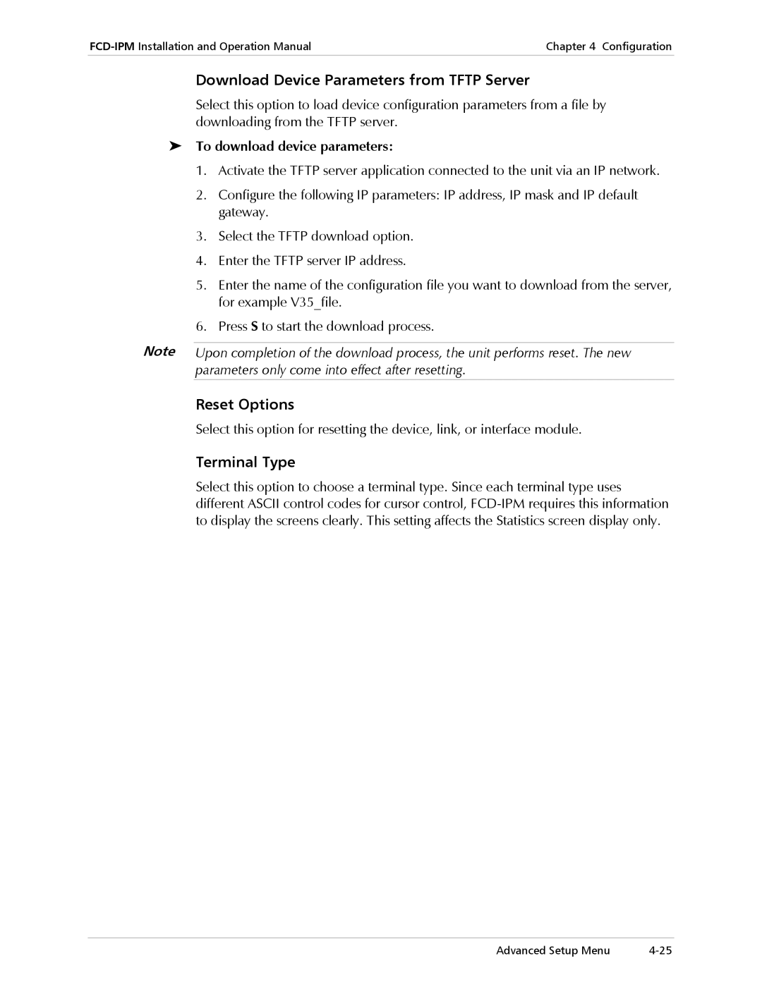 RAD Data comm Modular Access Device with Integrated Router Download Device Parameters from Tftp Server, Reset Options 