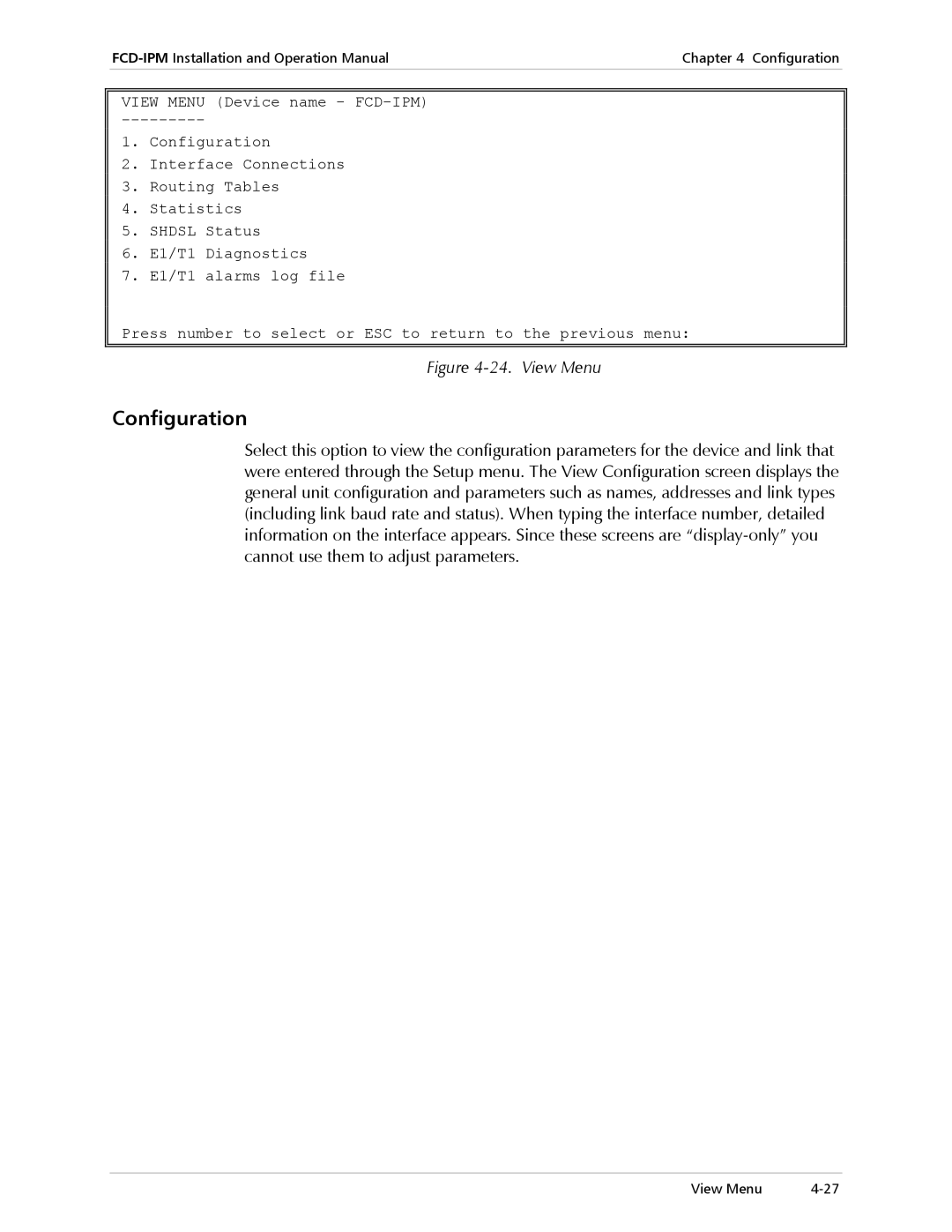 RAD Data comm Modular Access Device with Integrated Router, E1/T1 operation manual Configuration, View Menu 