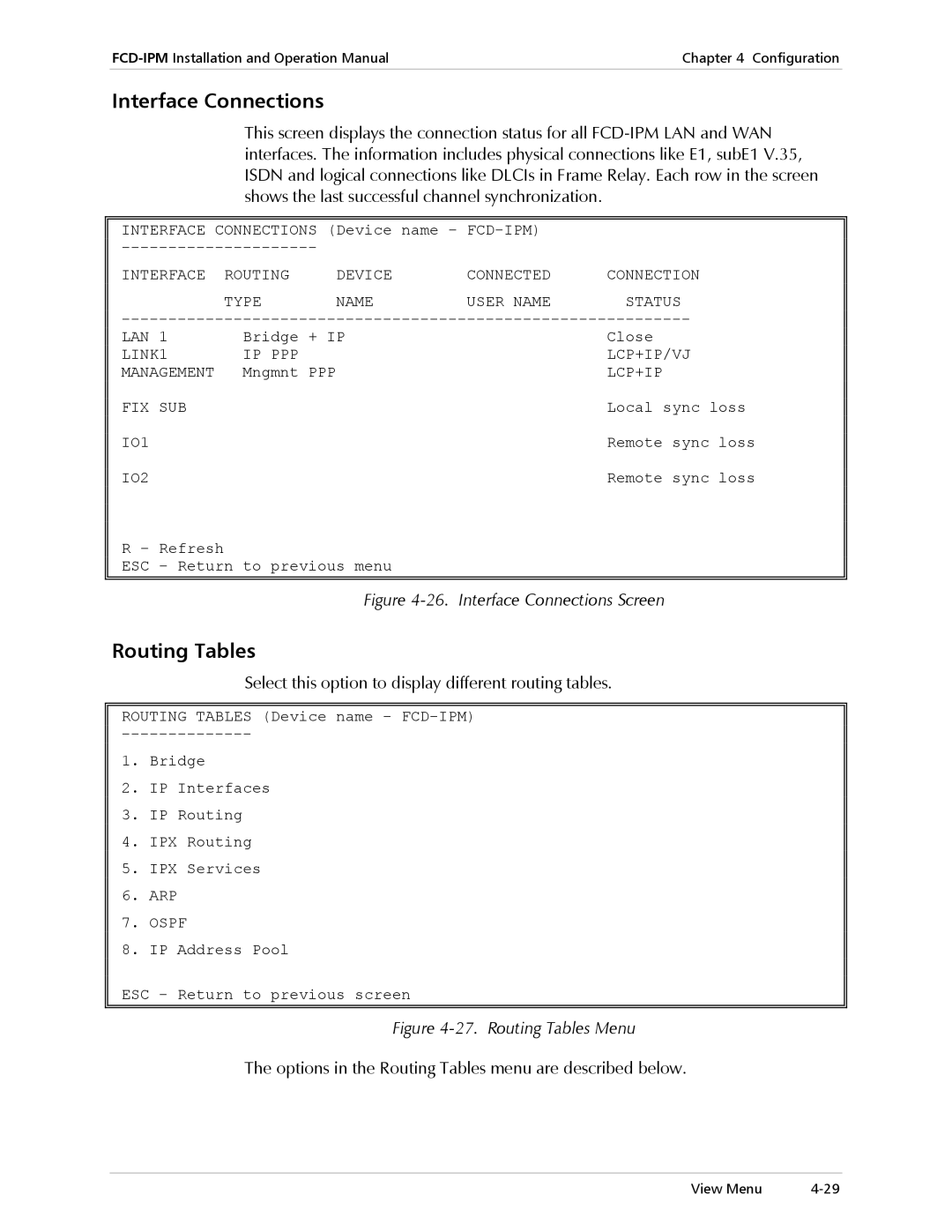 RAD Data comm Modular Access Device with Integrated Router, E1/T1 operation manual Interface Connections, Routing Tables 