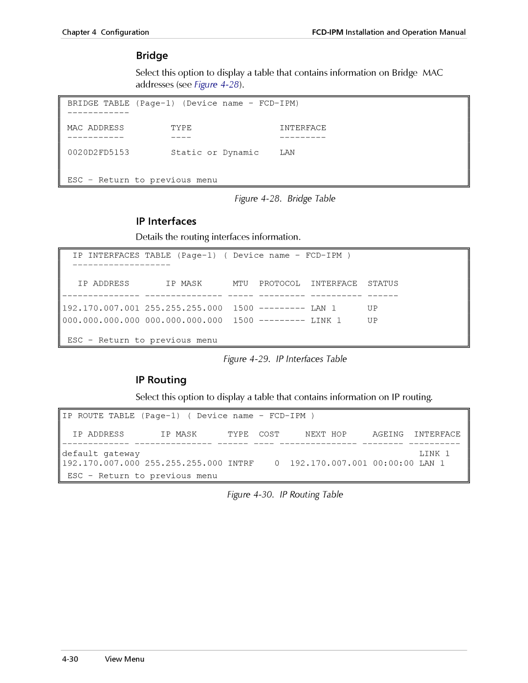 RAD Data comm E1/T1 operation manual Bridge, IP Interfaces, IP Routing, Details the routing interfaces information 