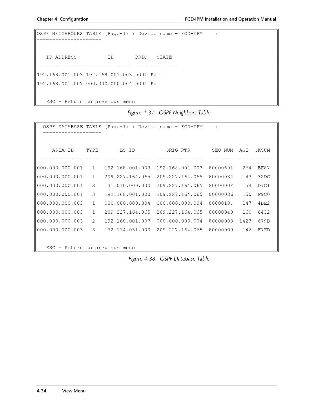 RAD Data comm E1/T1 operation manual IP Address Prio State, Area ID Type LS-ID Orig RTR SEQ NUM AGE Cksum, F7FD 