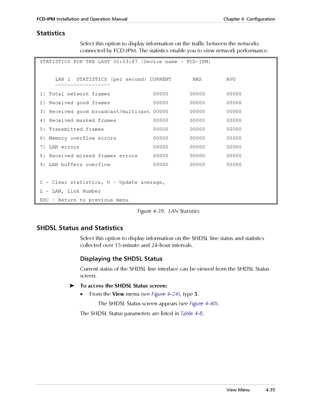 RAD Data comm Modular Access Device with Integrated Router Shdsl Status and Statistics, Displaying the Shdsl Status 