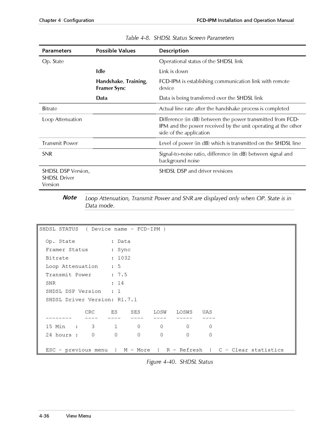 RAD Data comm E1/T1, Modular Access Device with Integrated Router operation manual Shdsl Status Screen Parameters, Data mode 