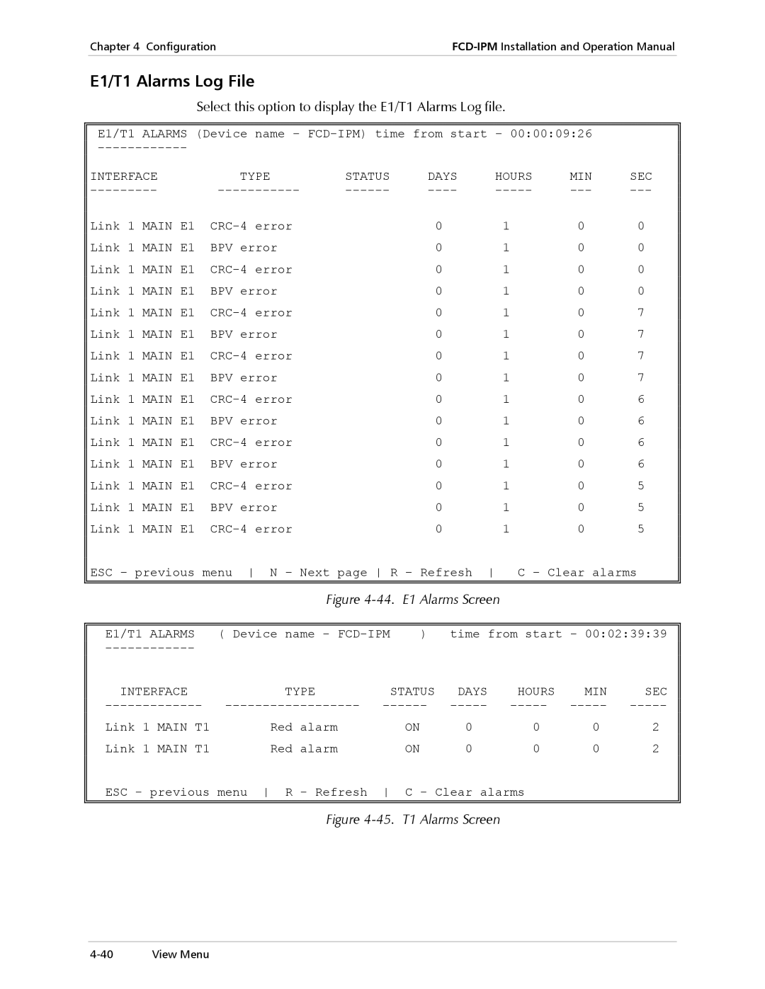 RAD Data comm operation manual E1/T1 Alarms Log File, Select this option to display the E1/T1 Alarms Log file, Main E1 