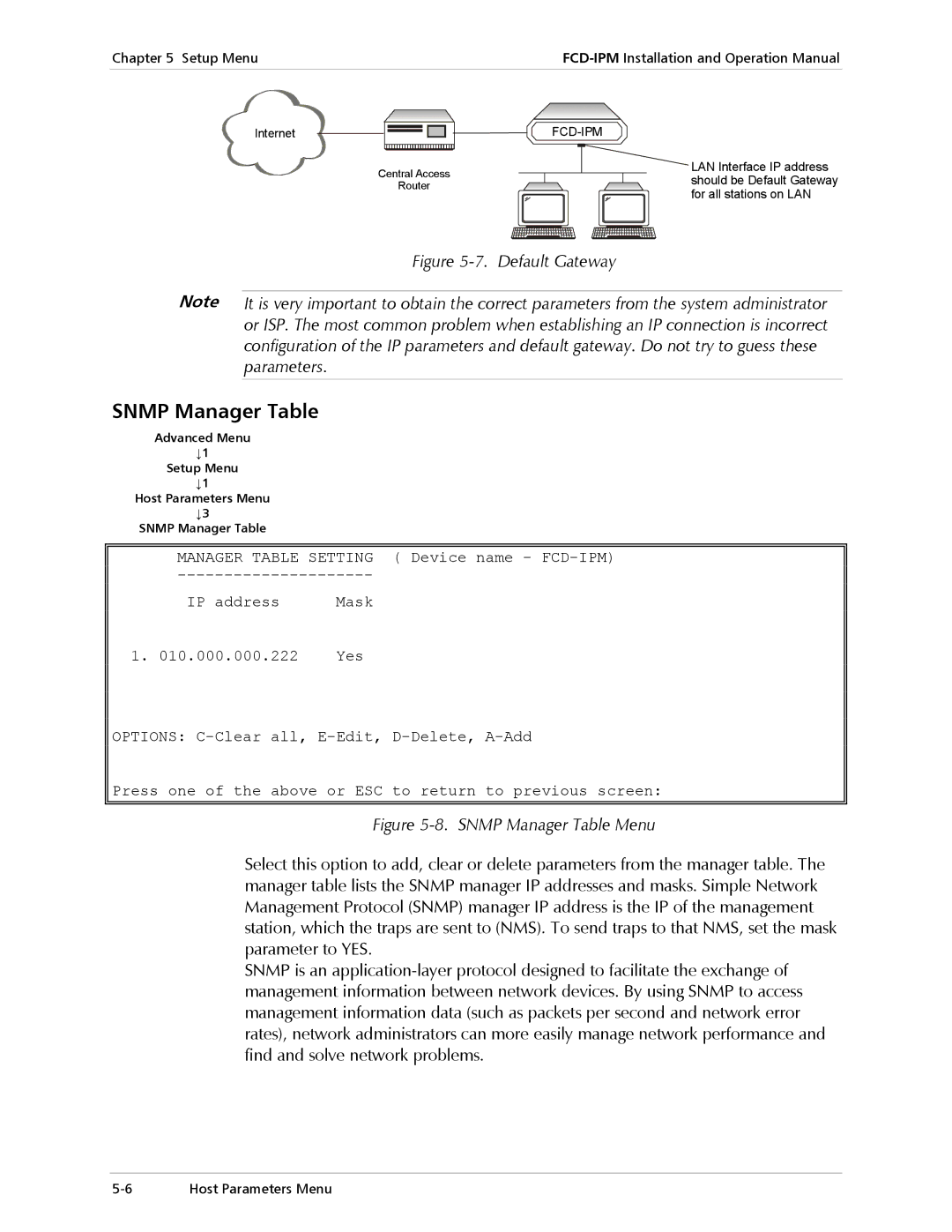 RAD Data comm E1/T1, Modular Access Device with Integrated Router operation manual Snmp Manager Table, Default Gateway 