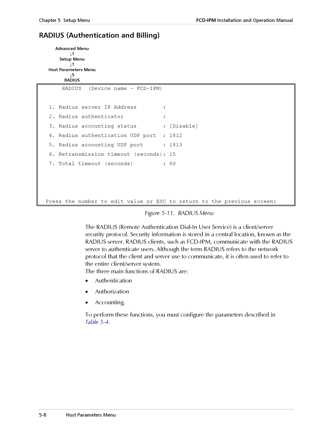 RAD Data comm E1/T1, Modular Access Device with Integrated Router Radius Authentication and Billing, Radius Menu 