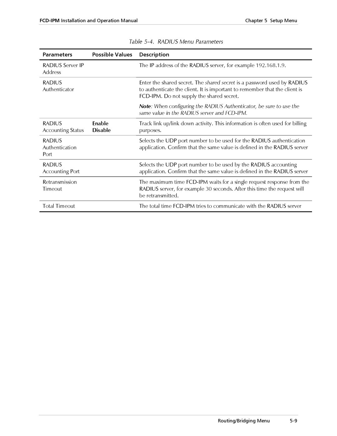 RAD Data comm Modular Access Device with Integrated Router, E1/T1 operation manual Radius Menu Parameters, Enable 