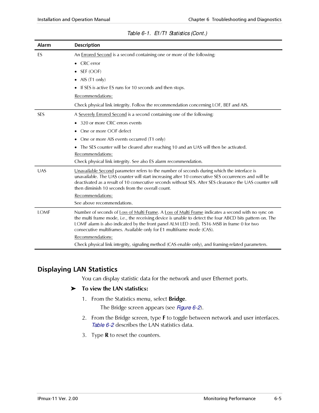 RAD Data comm IPmux-11 operation manual Displaying LAN Statistics, To view the LAN statistics 