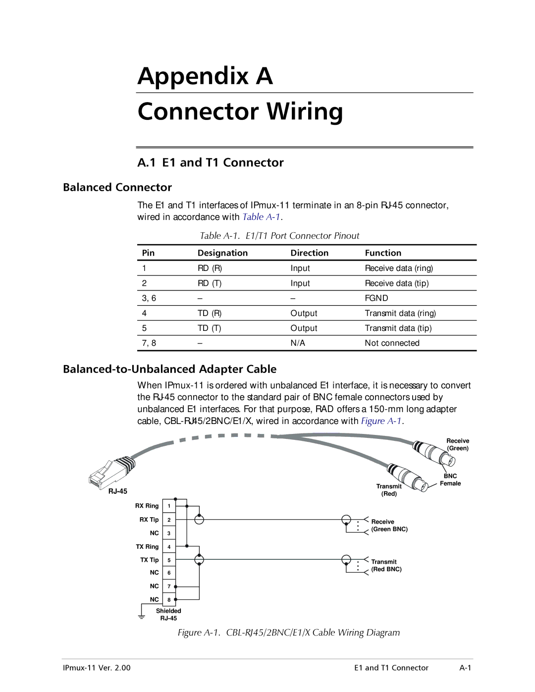 RAD Data comm IPmux-11 operation manual E1 and T1 Connector, Balanced Connector, Balanced-to-Unbalanced Adapter Cable 