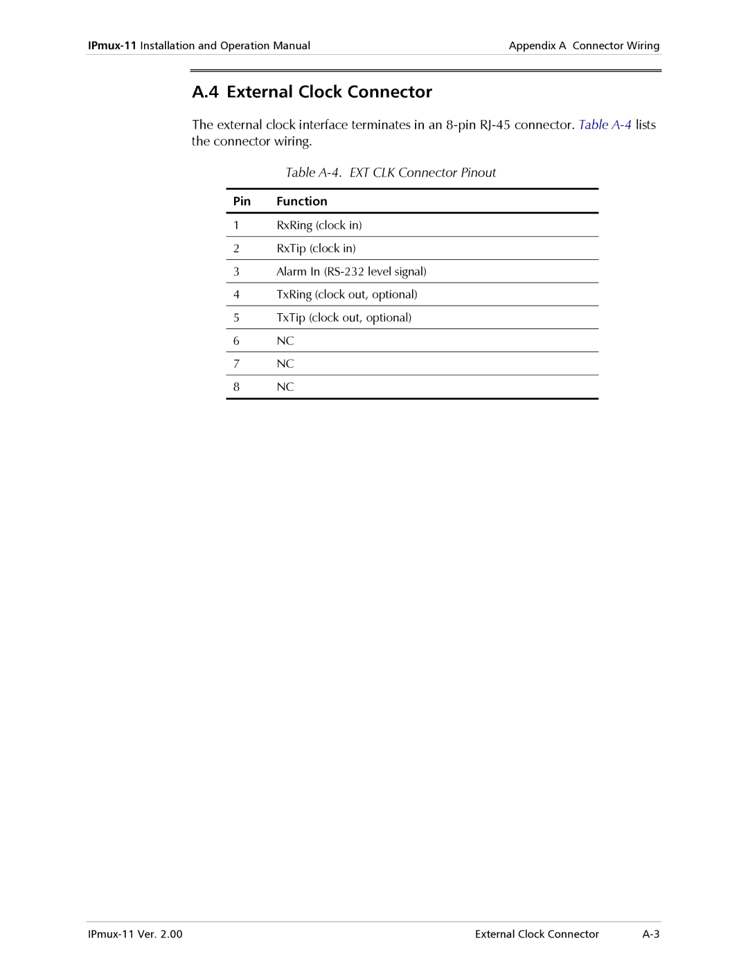 RAD Data comm IPmux-11 operation manual External Clock Connector, Table A-4. EXT CLK Connector Pinout 