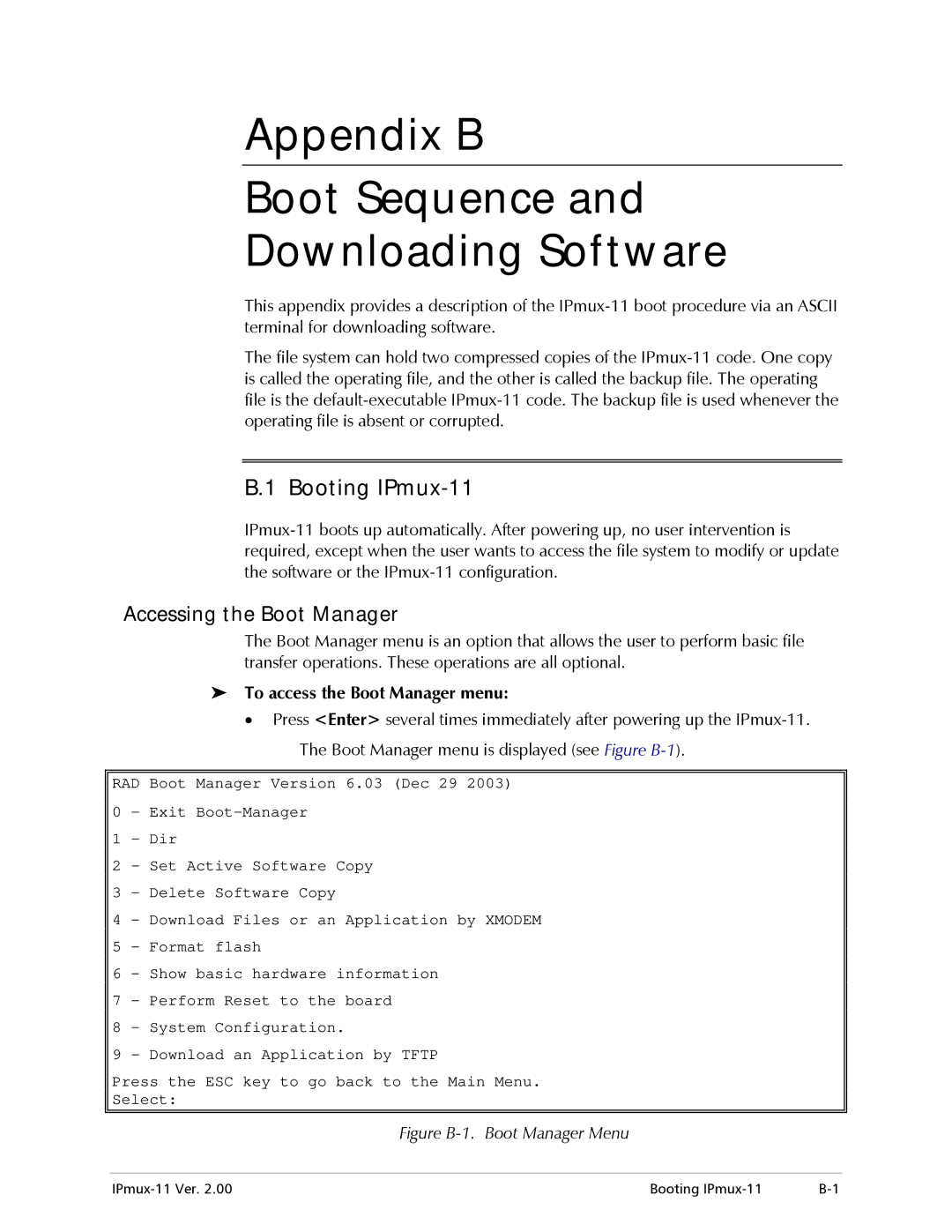 RAD Data comm operation manual Booting IPmux-11, Accessing the Boot Manager, To access the Boot Manager menu 