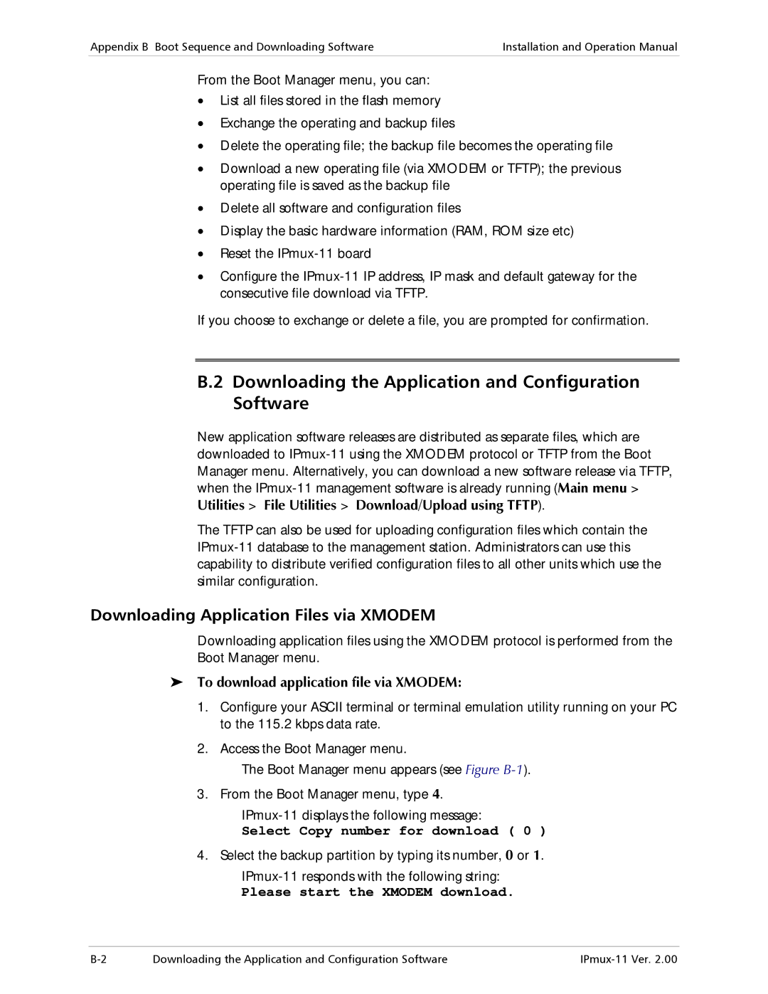 RAD Data comm IPmux-11 Downloading the Application and Configuration Software, Downloading Application Files via Xmodem 