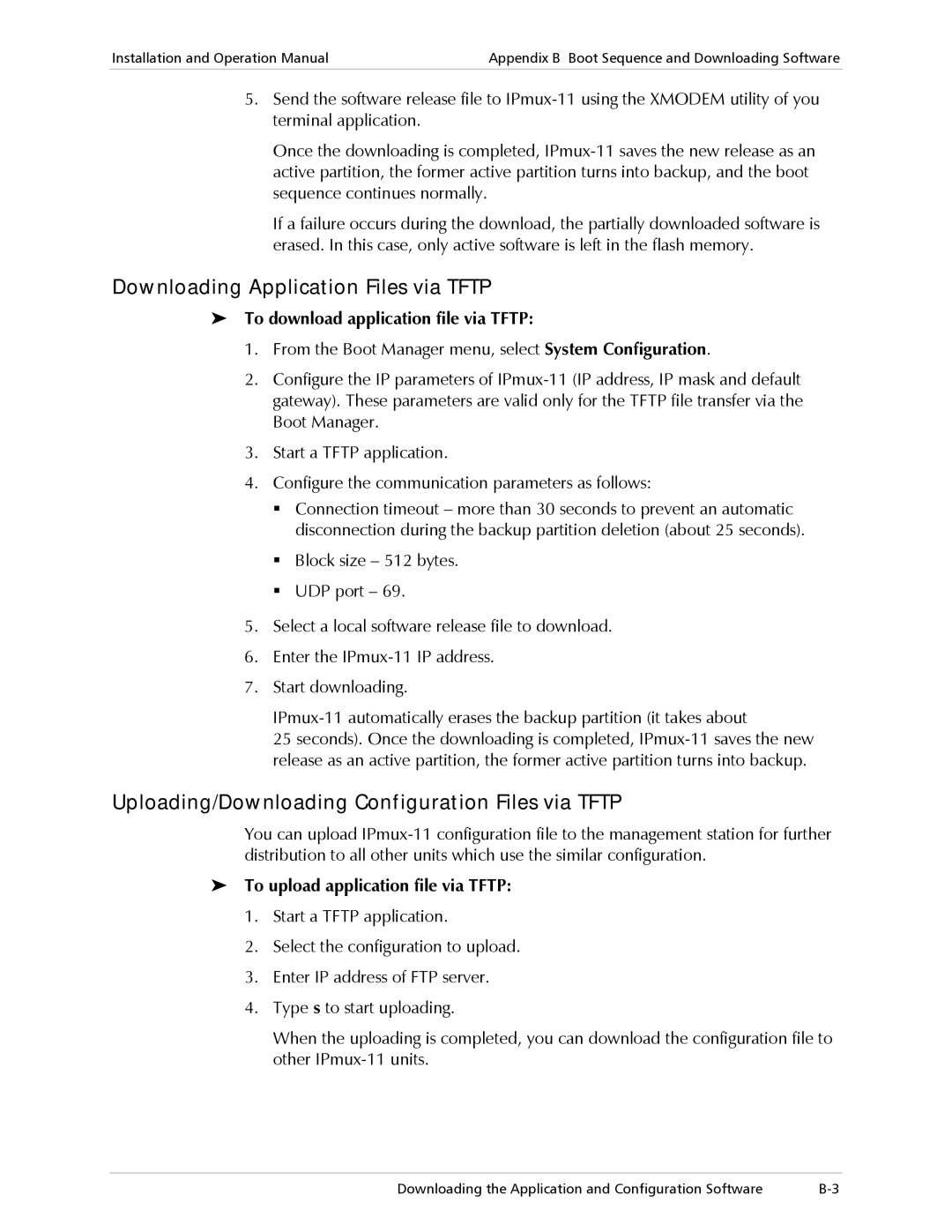 RAD Data comm IPmux-11 Downloading Application Files via Tftp, Uploading/Downloading Configuration Files via Tftp 