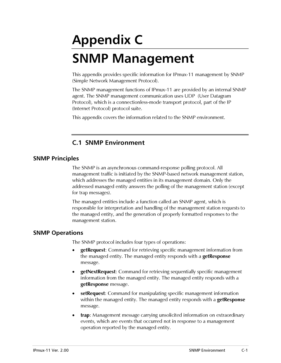 RAD Data comm IPmux-11 operation manual Snmp Environment, Snmp Principles, Snmp Operations 