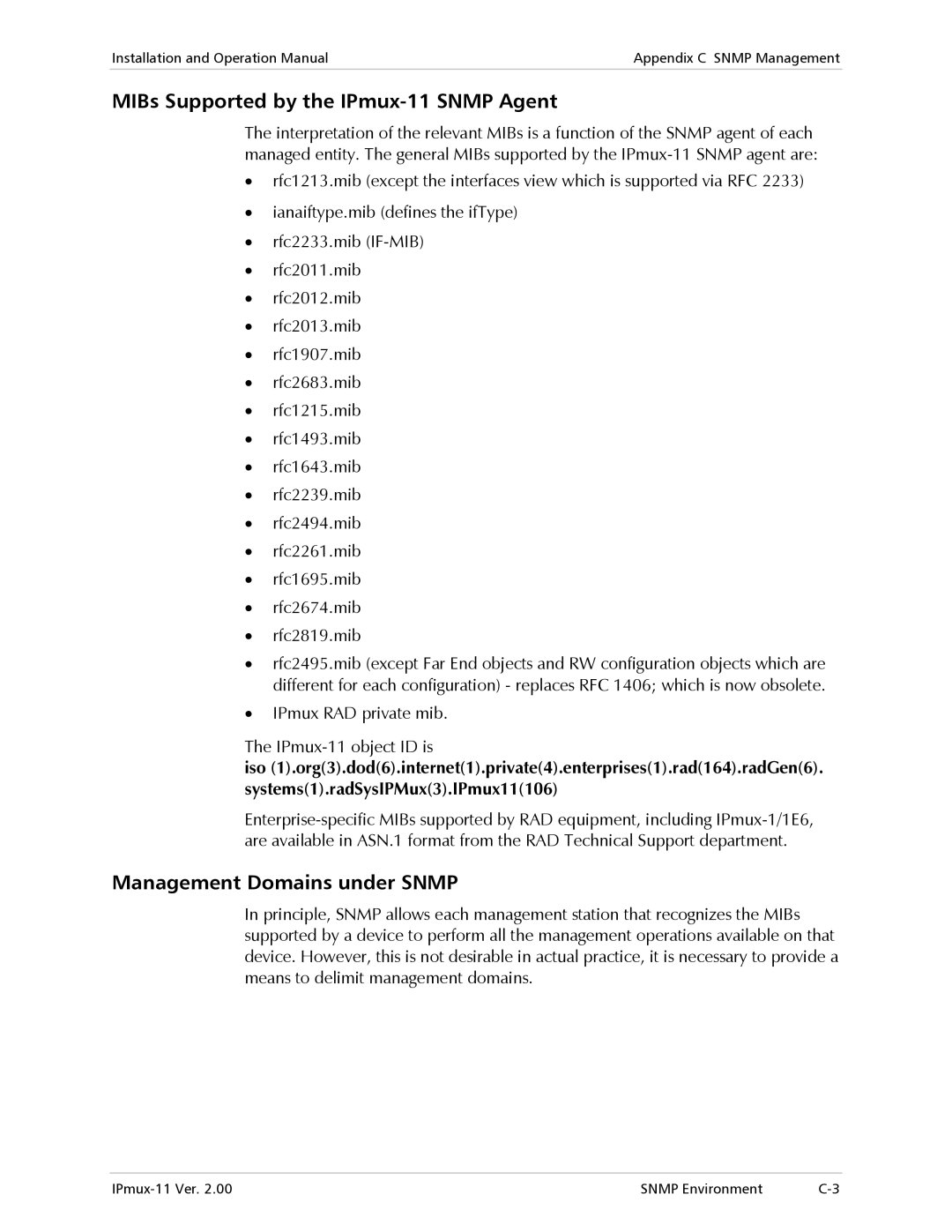 RAD Data comm operation manual MIBs Supported by the IPmux-11 Snmp Agent, Management Domains under Snmp 