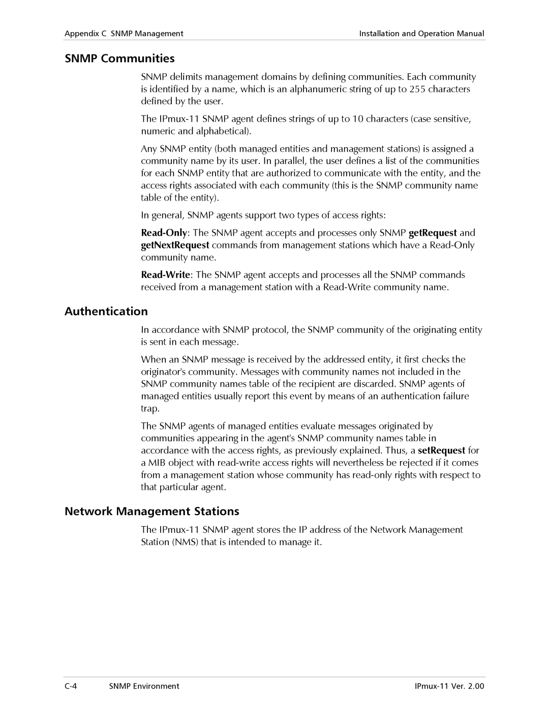 RAD Data comm IPmux-11 operation manual Snmp Communities, Authentication, Network Management Stations 