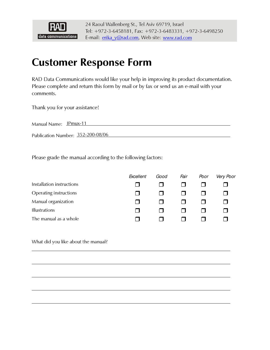 RAD Data comm IPmux-11 operation manual Customer Response Form, Excellent Good Fair Poor Very Poor 