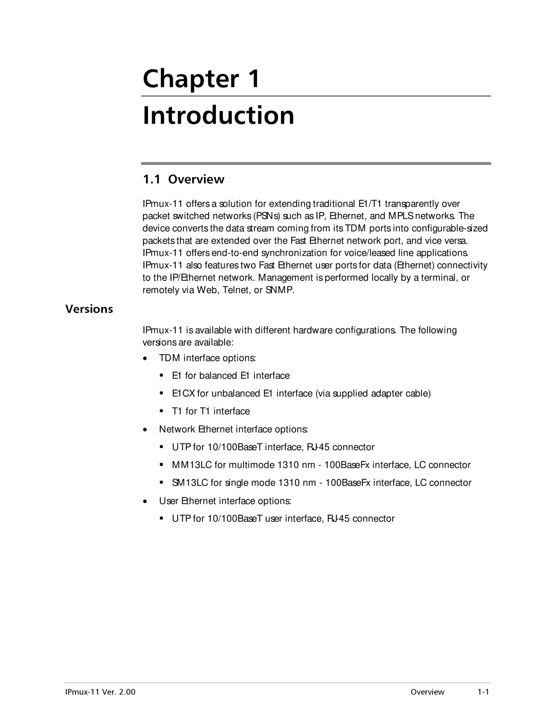 RAD Data comm IPmux-11 operation manual Overview, Versions 