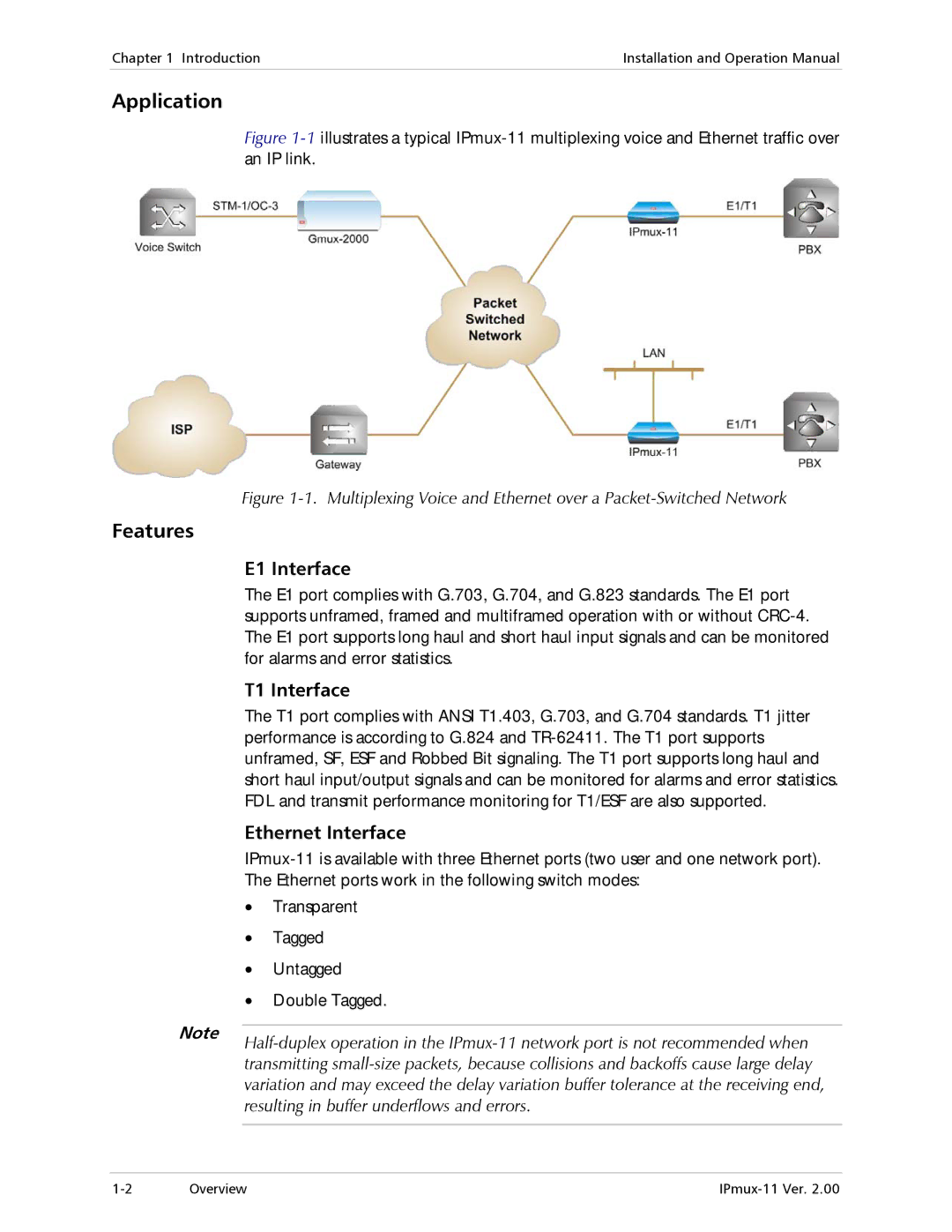 RAD Data comm IPmux-11 operation manual Application Features, E1 Interface, T1 Interface, Ethernet Interface 