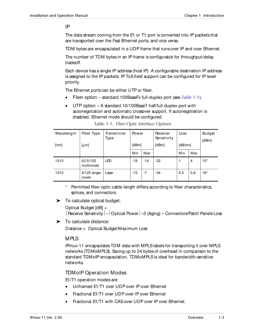 RAD Data comm IPmux-11 operation manual TDMoIP Operation Modes, Fiber Optic Interface Options, To calculate optical budget 