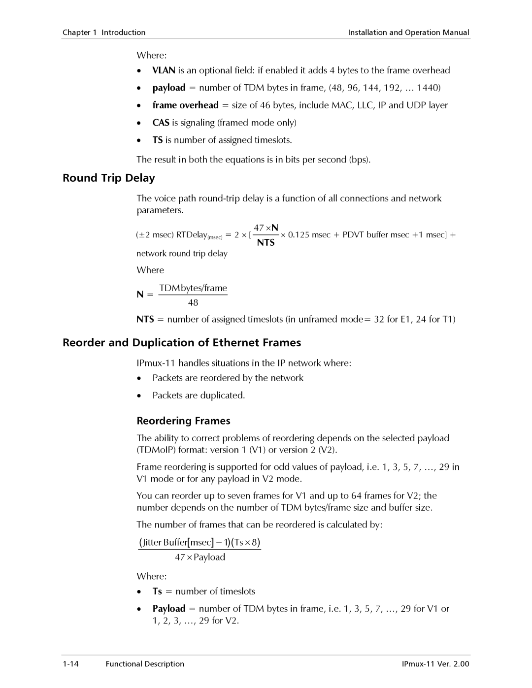 RAD Data comm IPmux-11 operation manual Round Trip Delay, Reorder and Duplication of Ethernet Frames, Reordering Frames 