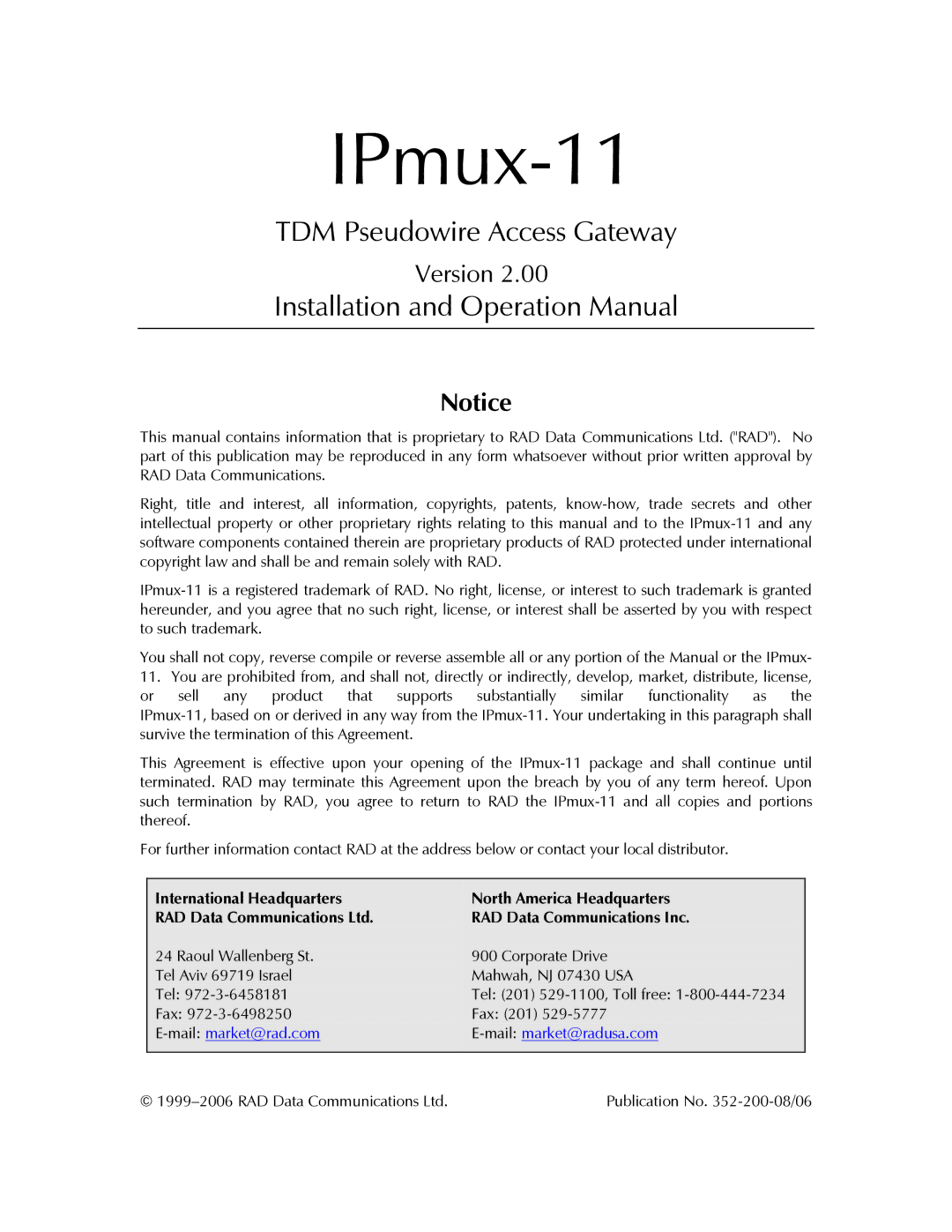 RAD Data comm IPmux-11 operation manual 