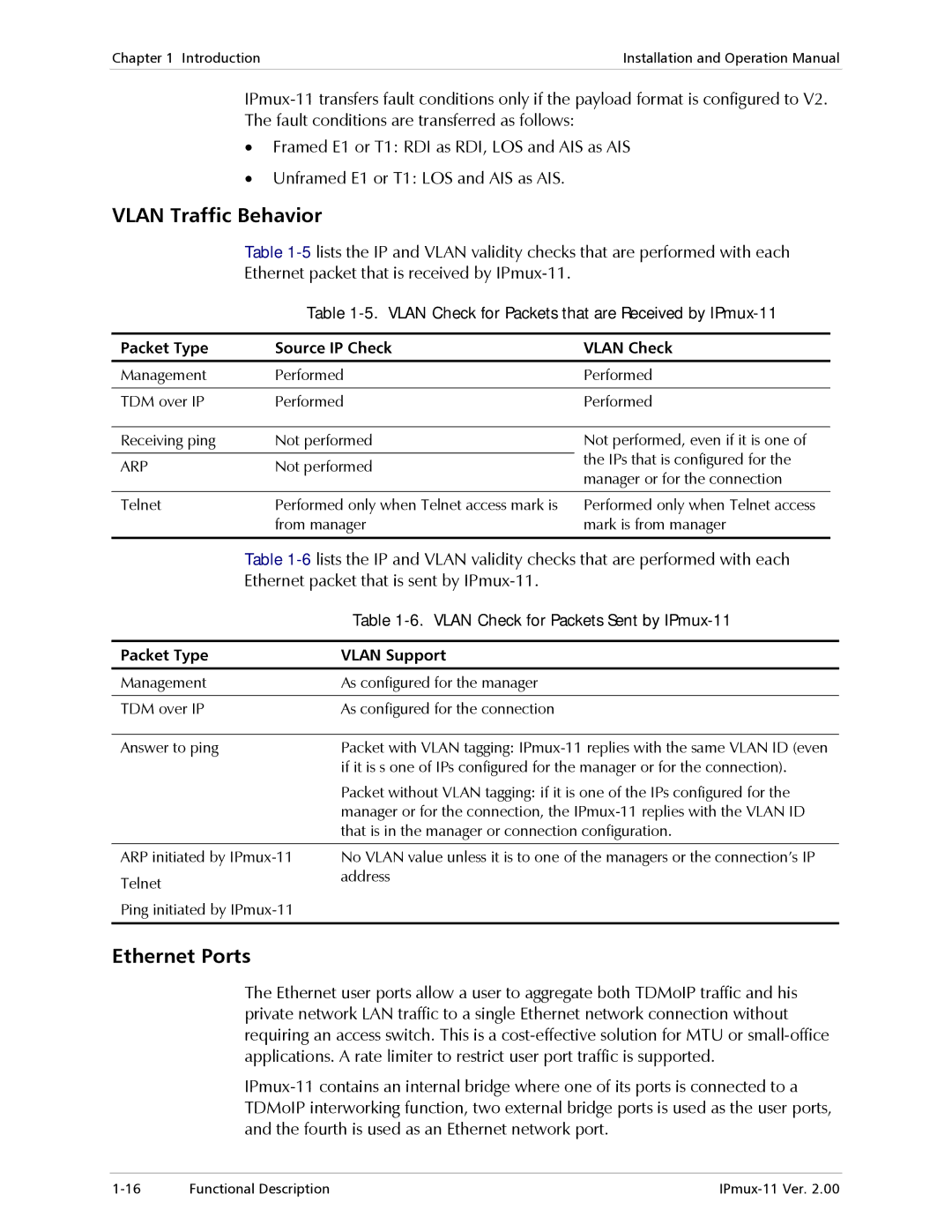 RAD Data comm Vlan Traffic Behavior, Ethernet Ports, Vlan Check for Packets that are Received by IPmux-11 