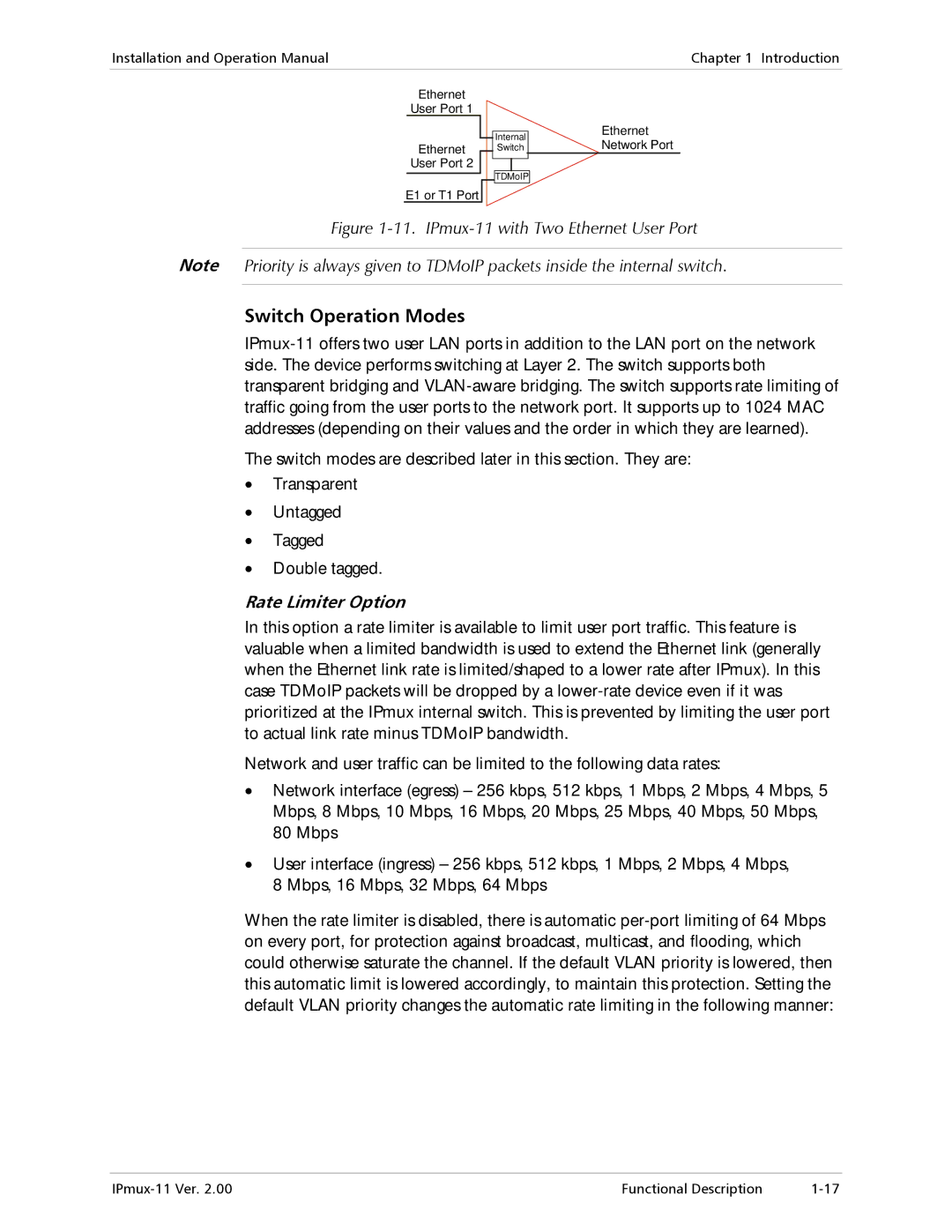 RAD Data comm operation manual Switch Operation Modes, IPmux-11 with Two Ethernet User Port 