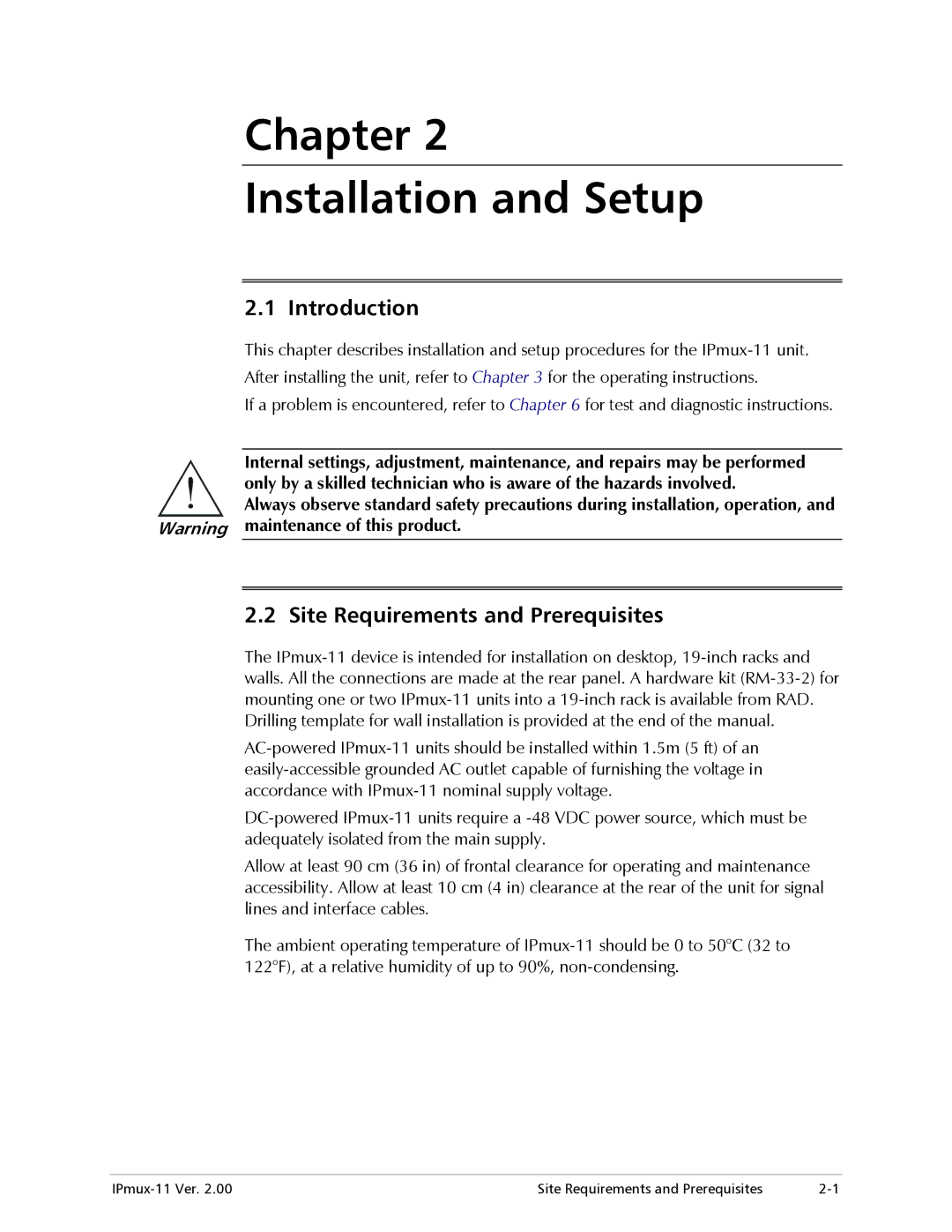 RAD Data comm IPmux-11 operation manual Introduction, Site Requirements and Prerequisites 