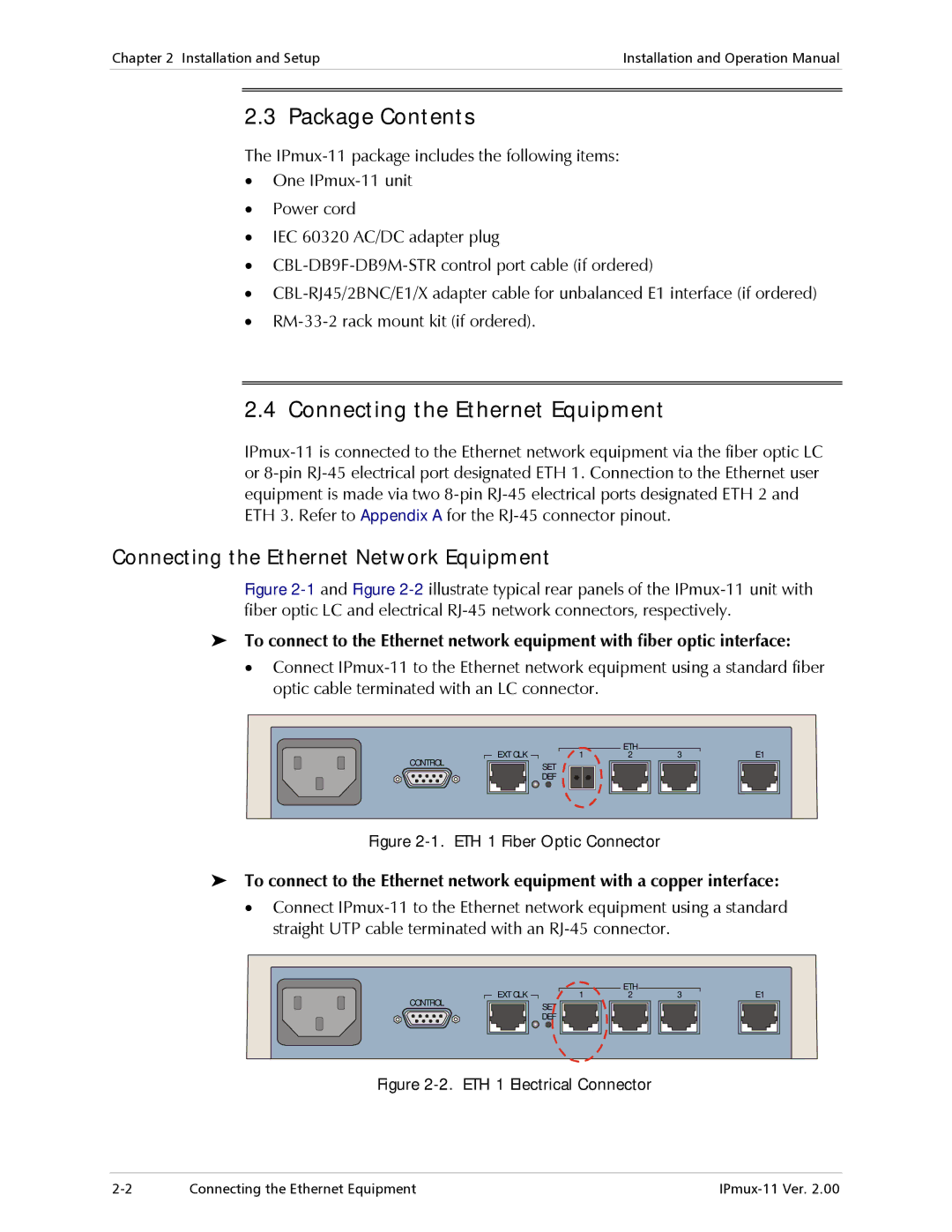 RAD Data comm IPmux-11 operation manual Package Contents, Connecting the Ethernet Equipment 