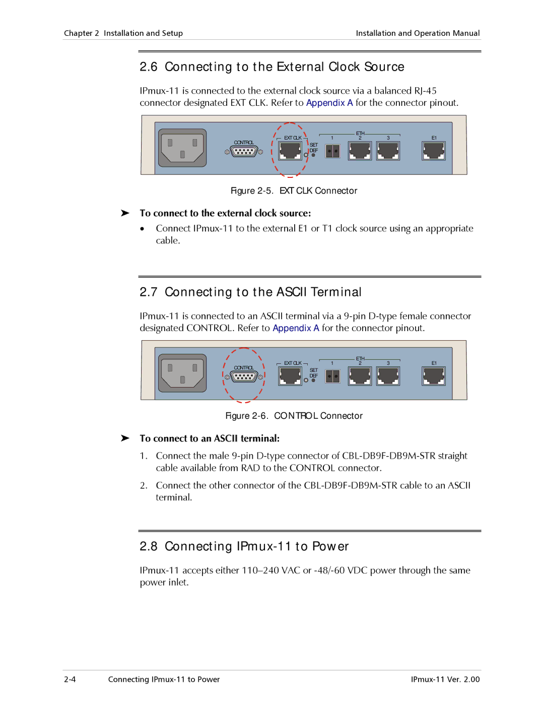 RAD Data comm IPmux-11 operation manual Connecting to the External Clock Source, Connecting to the Ascii Terminal 